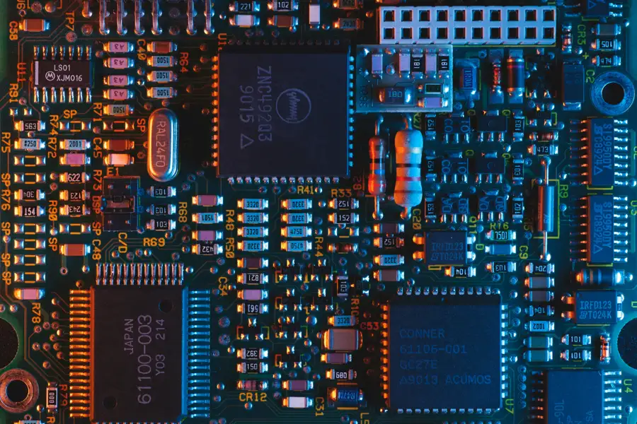 Close detail of a circuit board, representing climate technology hardware